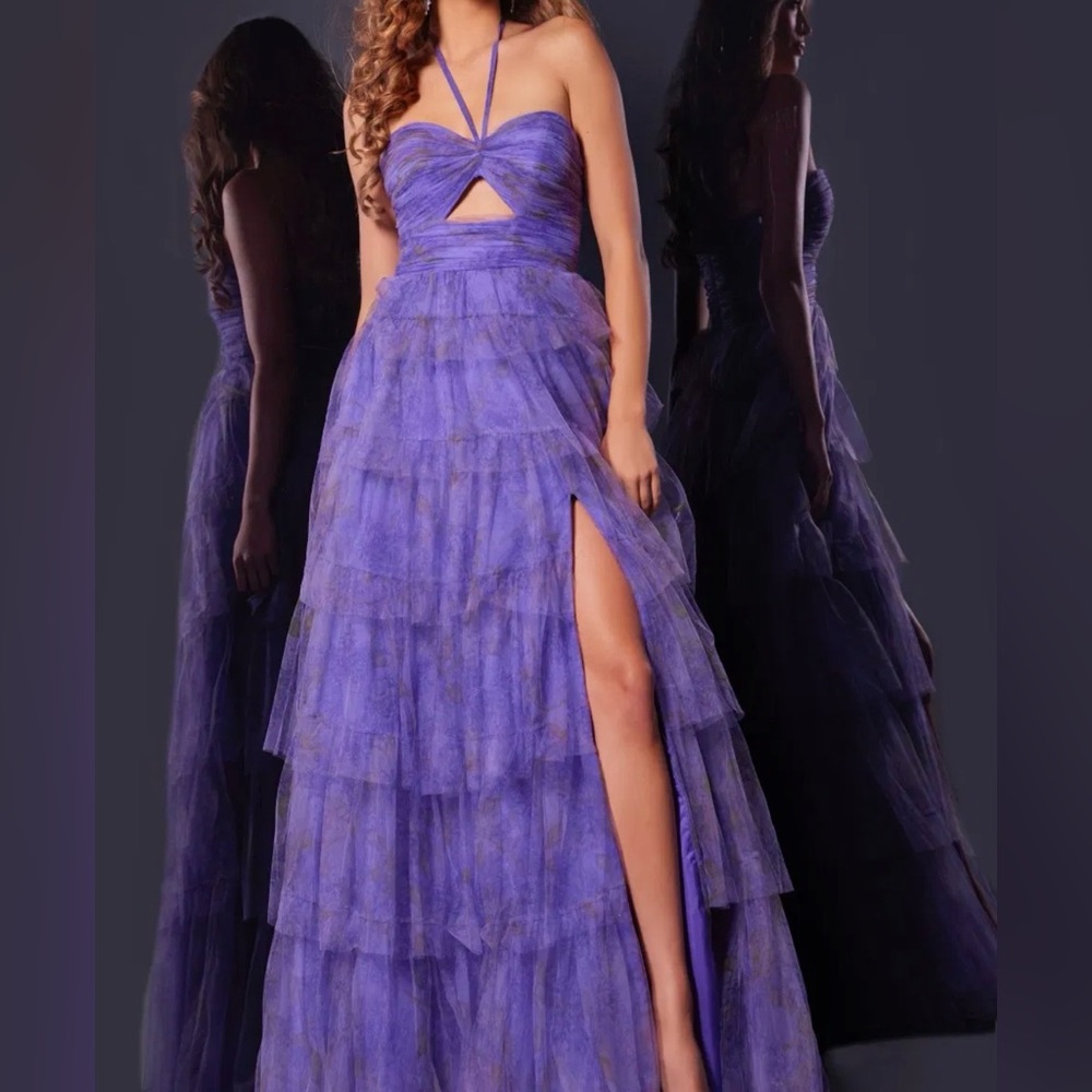 Jovani Halter Neck A-Line Gown with Tiered Skirt 43169